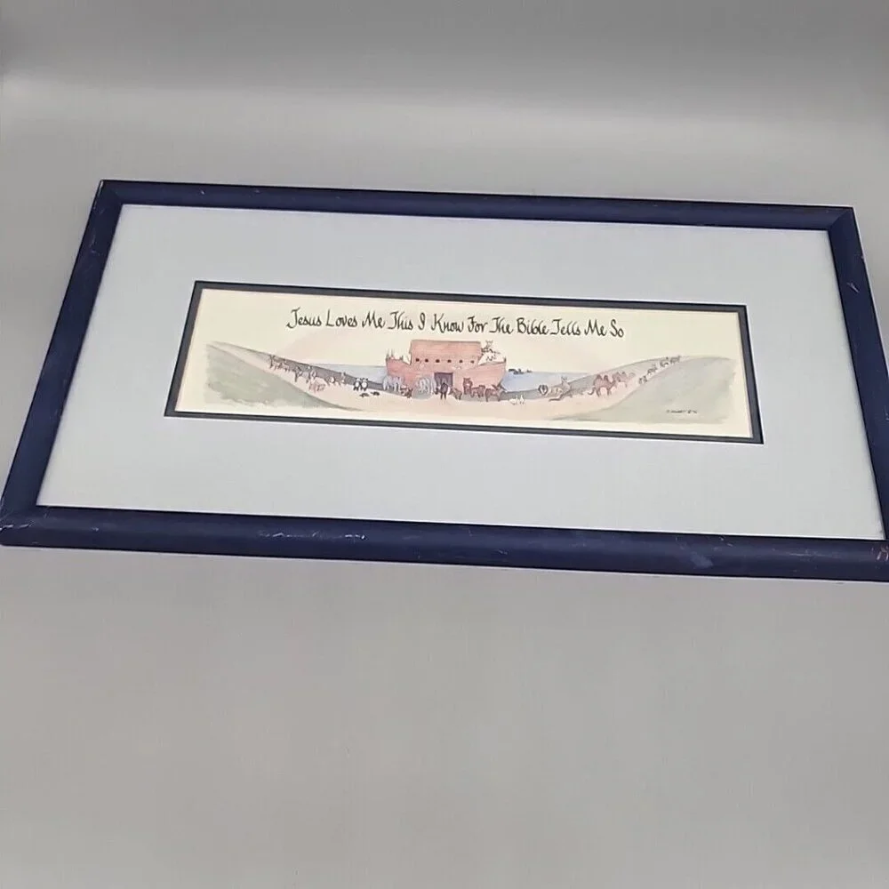 Vintage Blue Framed Water Color Noahs Arc Jesus Loves Me Bible Tells Me So 1994